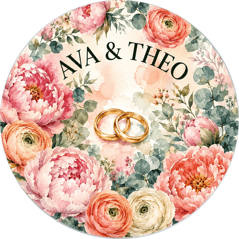 Silver wedding coin in loose watercolor — blush peonies and sage eucalyptus around two gold rings — reading AVA & THEO