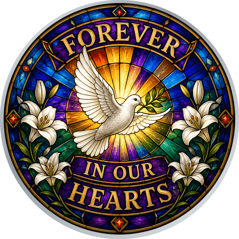 Silver memorial coin as a stained glass window — a white dove with an olive branch glowing at the center of jewel-colored panes — reading FOREVER IN OUR HEARTS