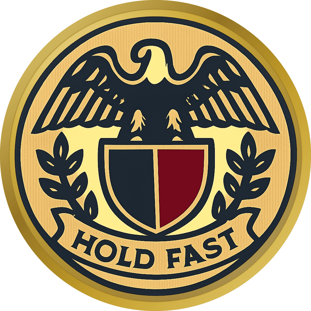 Gold heraldic challenge coin with an eagle over a shield and the motto HOLD FAST