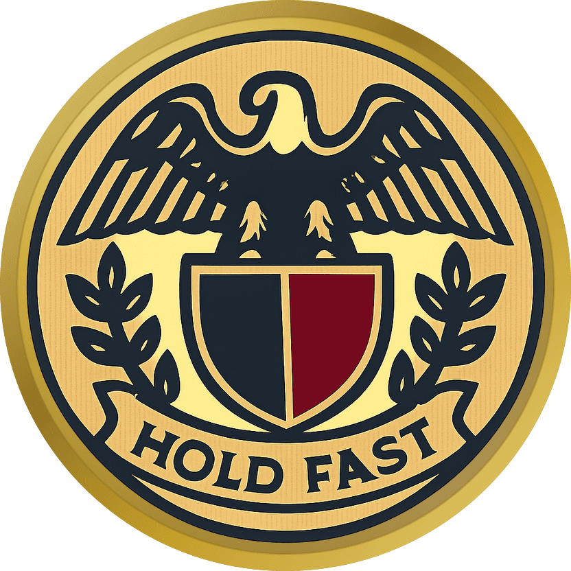 Gold heraldic challenge coin with an eagle over a shield and the motto HOLD FAST