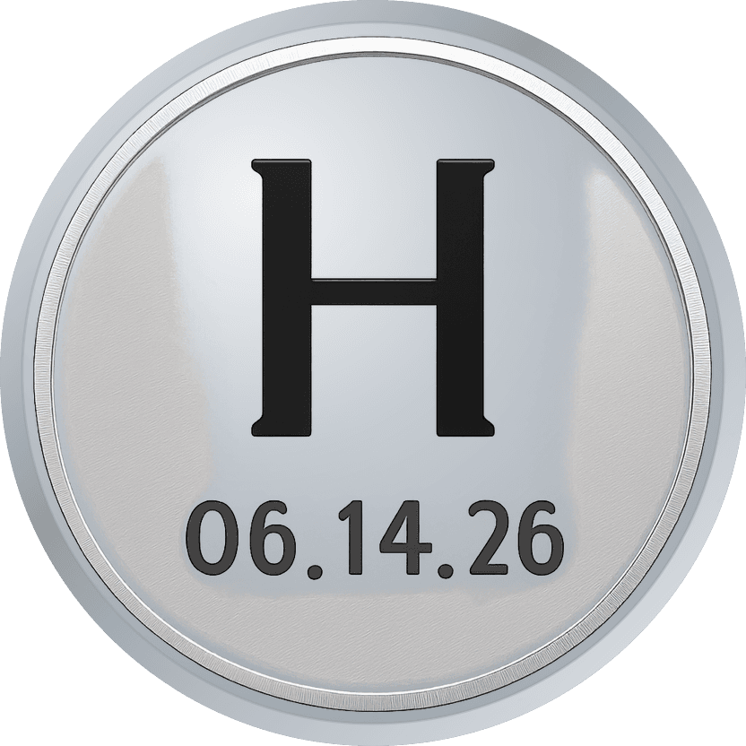 Silver wedding coin back with a bold H monogram and the date 06.14.26
