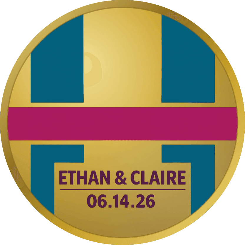 Gold wedding coin back with a bold teal H monogram crossed by a crimson bar, every bar running off the rim, and ETHAN & CLAIRE above 06.14.26 in plum capitals on the bare polished gold panel below the crossbar
