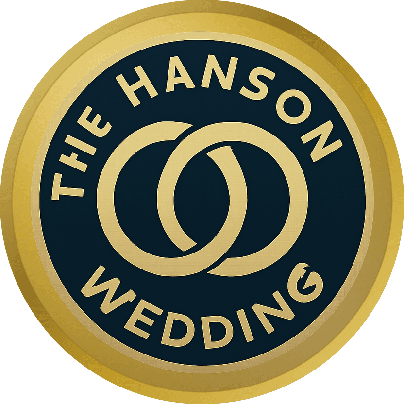 Gold groomsmen coin with two interlocking geometric rings reading THE HANSON WEDDING